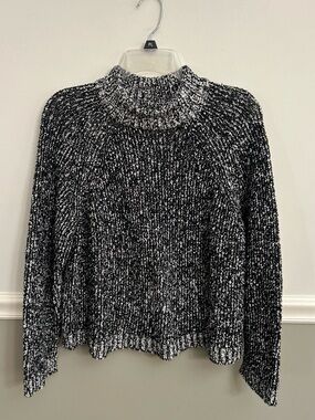 Eileen Fisher Black White Marled Mock Crew Neck Chunky Knit Sweater Small